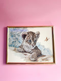 Vintage Clancy Cherry Lithograph Framed Wall Art / Lion Cub and Butterfly, Wildlife Lover Art Decor, Retro Home Decor